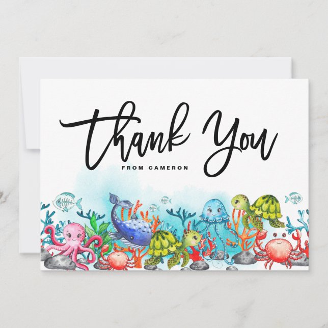 Cartão De Agradecimento Aquarela sob a Festa de aniversário do mar (Frente)