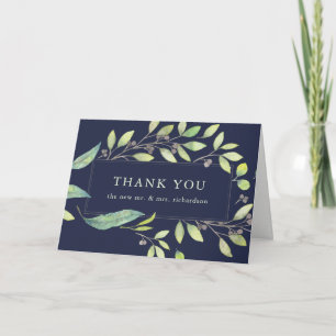 Cartão De Agradecimento Aquarela Verde Folhagem   Obrigado Azul Meia-Noite
