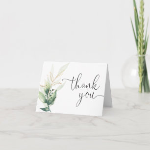 Cartão De Agradecimento Aquarelas de verde folhas douradas simples