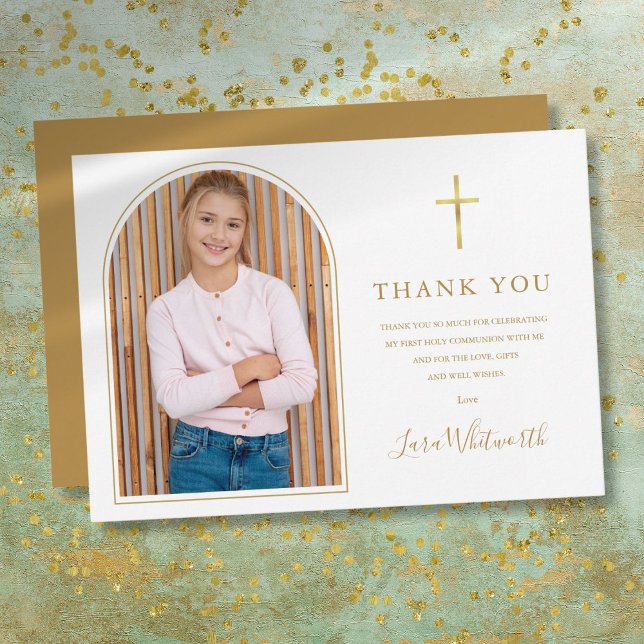 Cartão De Agradecimento Arca Dourada Elegante Primeira Comunhão Sagrada (Elegant Gold Arch First Holy Communion Thank You Card)