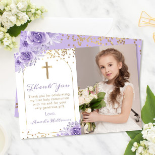 Cartão De Agradecimento Arch Dourado Purple Floral Primeira Foto Sagrada d