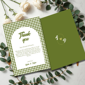 Cartão De Agradecimento Arch Olive green Minimalist Retro Checker Wedding