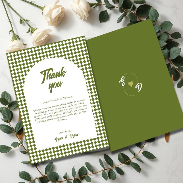 Cartão De Agradecimento Arch Olive green Minimalist Retro Checker Wedding (Criador carregado)