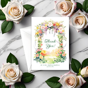 Cartão De Agradecimento Arco de Casamento Floral de Primavera em Aquarela