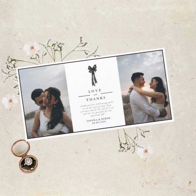 Cartão De Agradecimento Arco de Fita Elegante Casamento Preto e Branco (Criador carregado)