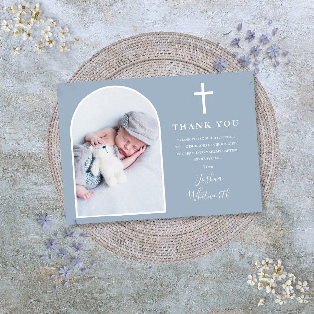 Cartão De Agradecimento Arco Elegante Foto Baptismo Azul Poeira (Elegant Arch Photo Dusty Blue Baptism Thank You Card)