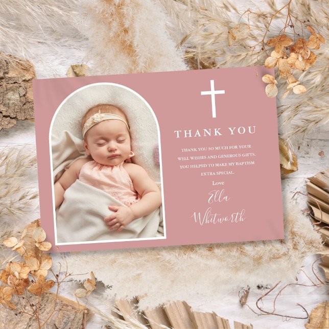 Cartão De Agradecimento Arco Elegante Foto Rosa Poeira Rosa Batismo (Elegant Arch Photo Dusty Rose Pink Baptism Thank You Card)