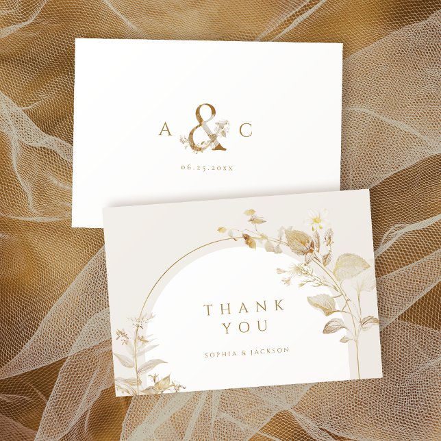 Cartão De Agradecimento Arco Floral Botânico em Ouro Elegante para Casamen (Elegant Gold Botanical Floral Arch Wedding Thank You Card)