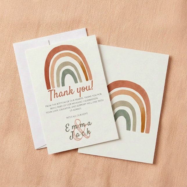 Cartão De Agradecimento Arco-íris rústico com obrigado no casamento com e  (Rustic rainbow with ampersand wedding thank you)