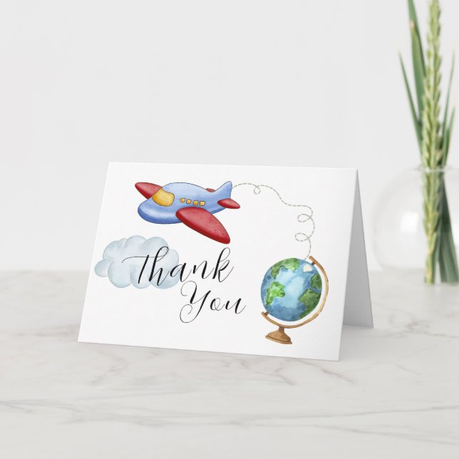 Cartão De Agradecimento Around The World Map Airplane Boy Baby Shower (Frente)