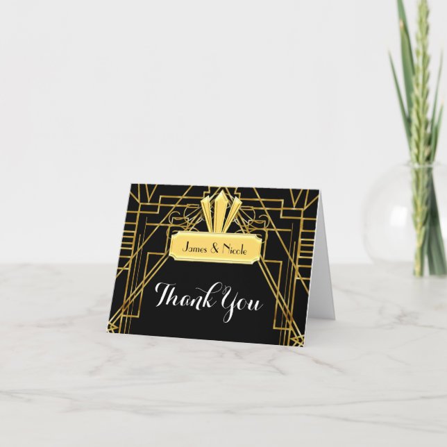 Cartão De Agradecimento Art Deco Black & Gold Elegant Thank You Fold Card (Frente)
