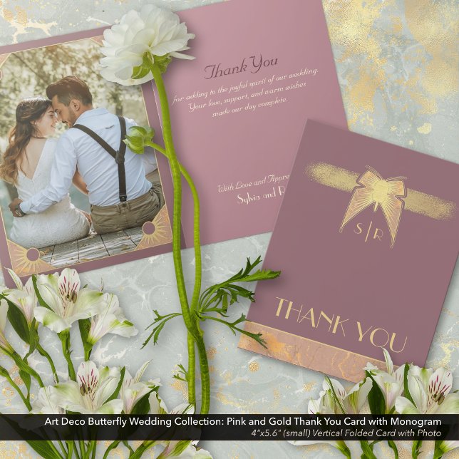 Cartão De Agradecimento Art Deco Butterfly Monograma Foto rosa Dourada (Art Deco Butterfly Wedding Thank You Card: Antique Gold and Dusty Pink/Mauve with Monogram)