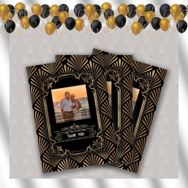 Cartão De Agradecimento Art Deco Dourado Gatsby 20s Celebração do Casament (wedding celebration, thank you card, Art Deco, photo wedding anniversary thank you)