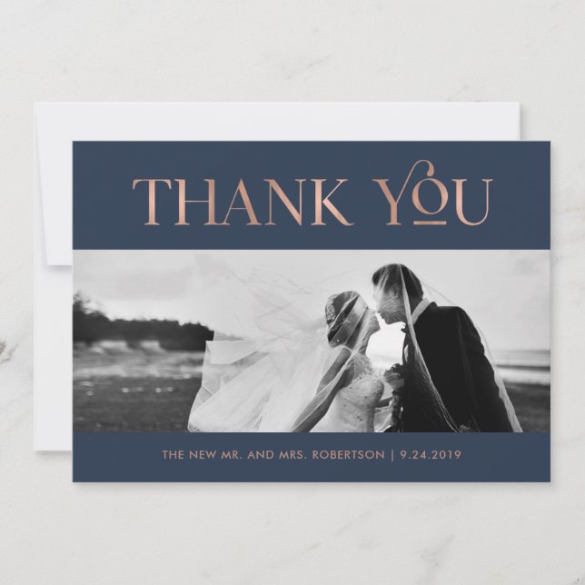 Cartão De Agradecimento Art Deco Faux Rosa Dourado no Marinho | Foto Obrig (Frente)