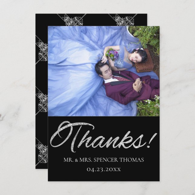 Cartão De Agradecimento Art Deco Ornamental | Geométrico em preto e prata (Frente/Verso)