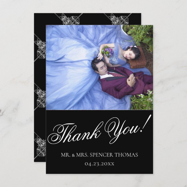 Cartão De Agradecimento Art Deco Ornamental | Geométrico em preto e prata (Frente/Verso)