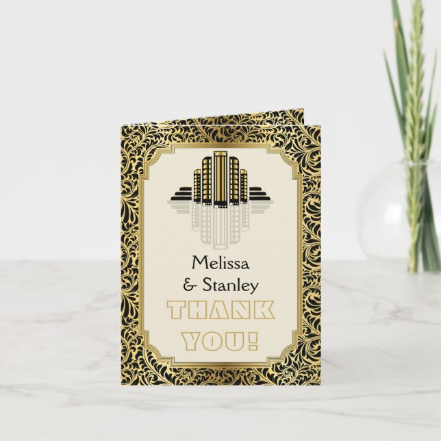 Cartão De Agradecimento Art Deco prédios negros, casamento dourado Obrigad (Frente)
