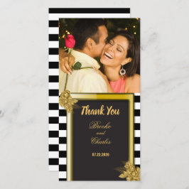 Cartão De Agradecimento Art Deco Rosas Dourados, Stripes Casamento Obrigad