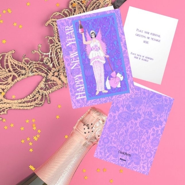 Cartão De Agradecimento Art Nouveau Westie Cachorro Rosa Púrpura Ano Novo (Criador carregado)