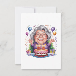 Cartão De Agradecimento Arte de Bolo de Aniversário de Senhora Idosa Anima
