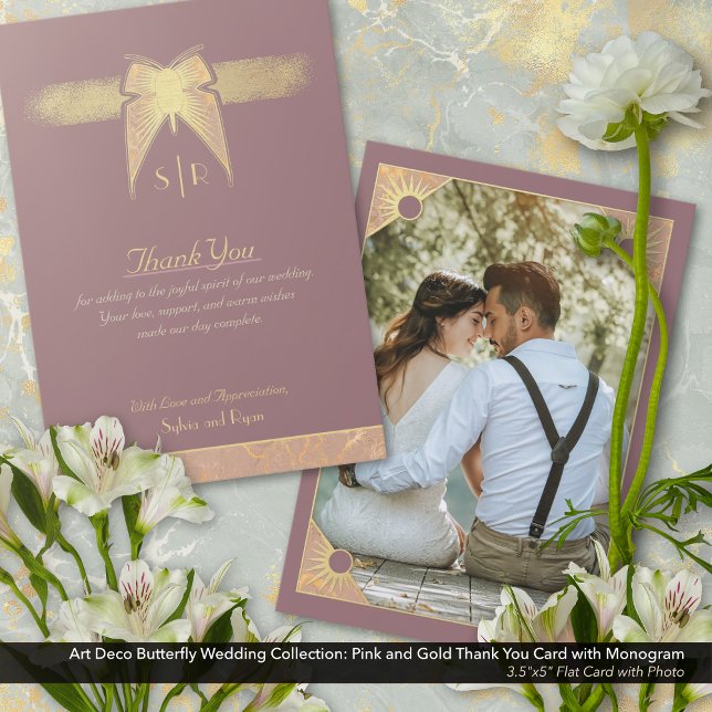 Cartão De Agradecimento Arte Deco Borboleta Monograma Foto Dourada Rosa (Art Deco Butterfly Wedding Thank You Card: Antique Gold and Dusty Pink/Mauve with Monogram)