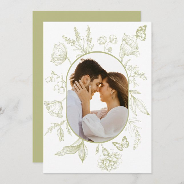 Cartão De Agradecimento Arte floral em linha verde Borboleta floral Foto (Frente/Verso)