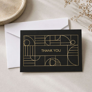 Cartão De Agradecimento Arte Moderna Geométrica Art Deco Ouro/Preto Obriga