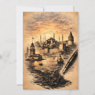 Cartão De Agradecimento Arte Romântica a Tinta de Istambul com Paisagem Hi