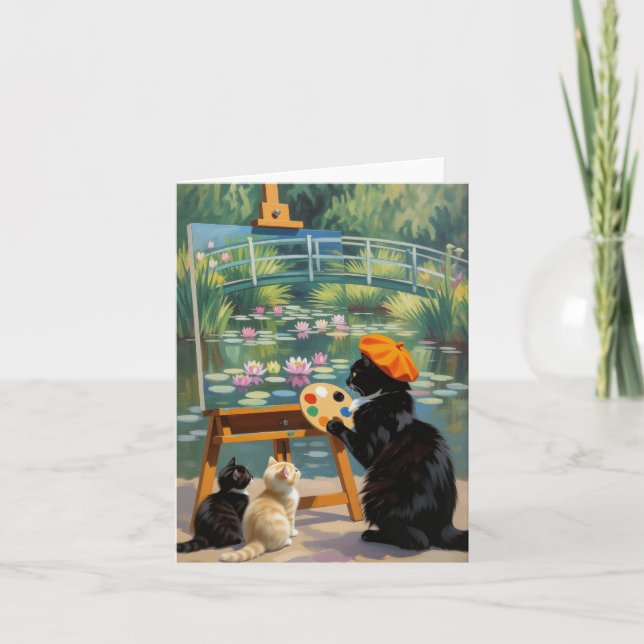 Cartão De Agradecimento Artista Gatinho Negro pintando lírios de água mone (Frente)