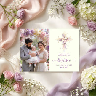 Cartão De Agradecimento Artistic Lilac Floral Christian Cross Baptism