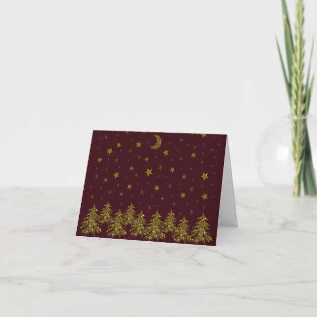 Cartão De Agradecimento Árvore de Natal de ouro faísca, lua, estrelas em v (Frente)