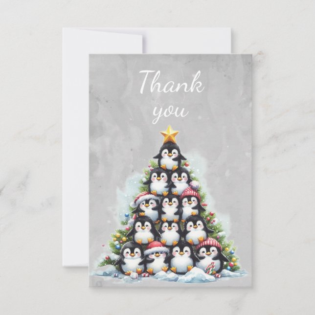 Cartão De Agradecimento Árvore de Natal de Pinguins de Aquarela (Frente)