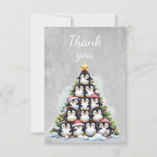 Cartão De Agradecimento Árvore de Natal de Pinguins de Aquarela