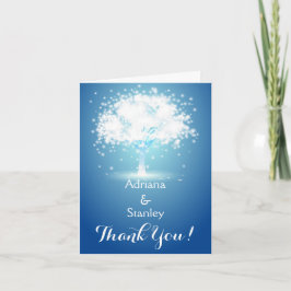Cartão De Agradecimento Árvore & luzes cintilantes azuis casamento Obrigad