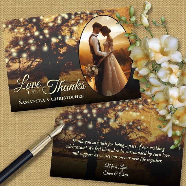 Cartão De Agradecimento Árvore Rústica com Foto e Casamento de Nota Luzes (Front/Back)