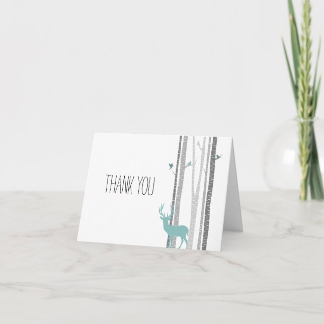 Cartão De Agradecimento As árvores de vidoeiro branco com cervos e (Frente)