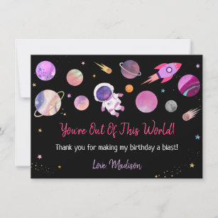 Cartão De Agradecimento Astronauta do Espaço Exterior Rosa Primeiro Aniver