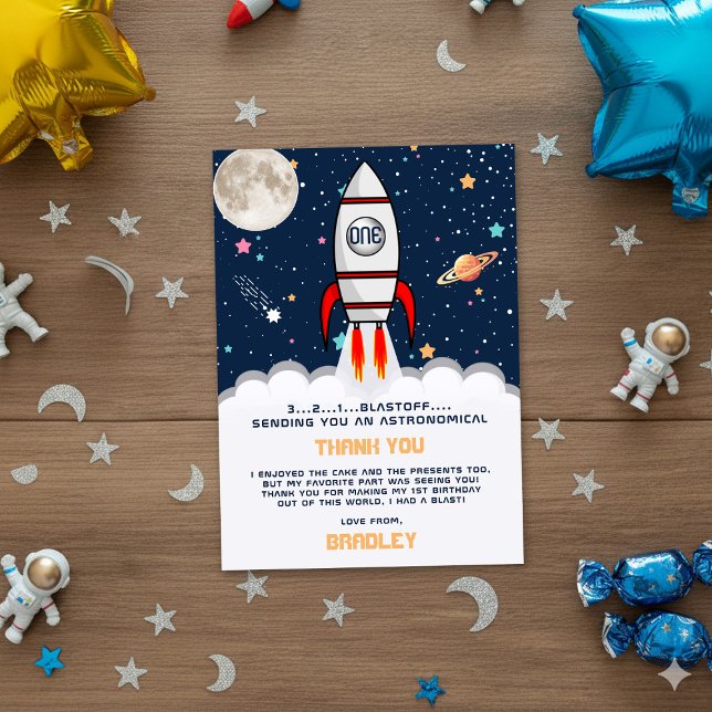 Cartão De Agradecimento Astronauta Rocket Outer Space primeiro aniversario (Criador carregado)