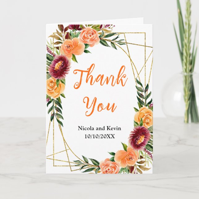 Cartão De Agradecimento Autumn Burgundy and Orange Floral Wedding (Frente)