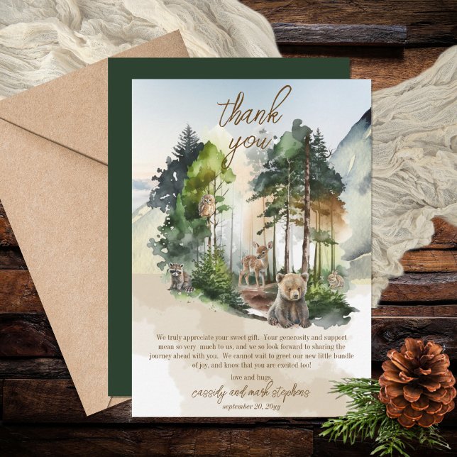 Cartão De Agradecimento Aventura Russo Woodland Aguarda Chá de fraldas (Say "Thank You" in rustic  style with this woodland bear and forest animals boy baby shower design.)