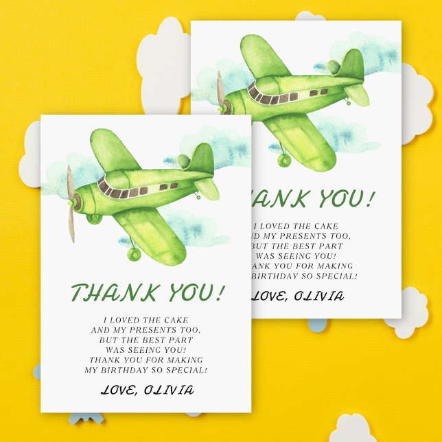 Cartão De Agradecimento Avião verde aquarela aniversário obrigado (Criador carregado)