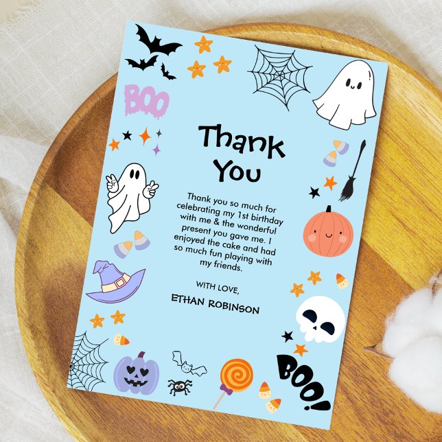 Cartão De Agradecimento Azul Assustador Um Fantasma Bonito Aniversário de  (Blue Spooky One Cute Ghost Boy Halloween 1st Birthday Thank You Card   )