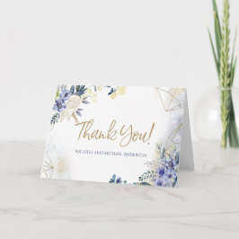 Cartão De Agradecimento Azul Branco Dourado Aquarela Floral Obrigado