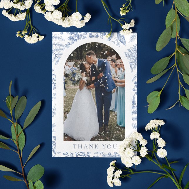Cartão De Agradecimento Azul Branco Floral Foto Casamento Salgueiro (Blue White Willow Floral Photo Wedding Thank You Card)