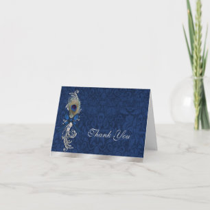 Cartão De Agradecimento Azul Damask and Peacock Feather Casamento Obrigado