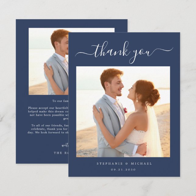 Cartão De Agradecimento Azul de Casamento Fotográfico do Script Simples El (Frente/Verso)