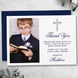 Cartão De Agradecimento Azul de Foto da Primeira Comunhão Elegante<br><div class="desc">O Elegante Cartões de agradecimentos da Primeira Comunhão com a Cruz de Prata. Frente fotográfica. Script Azul do marinho.</div>