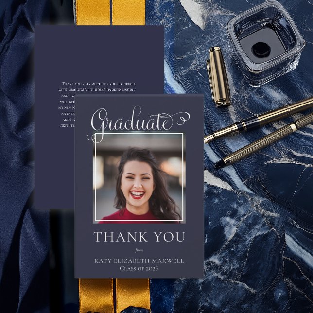 Cartão De Agradecimento Azul de Fotografia do Formando de Script Clássico  (Elegant Classy Script Graduate Photo Blue Thank You Card)