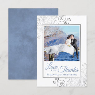 Cartão De Agradecimento Azul de Prata no Casamento de Obrigados e Amor Bra