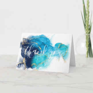 Cartão De Agradecimento Azul Dourado Personalizado Tinta Álcool Obrigado